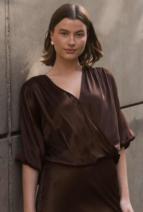 Lara Cross Over Blouse - Chocolate