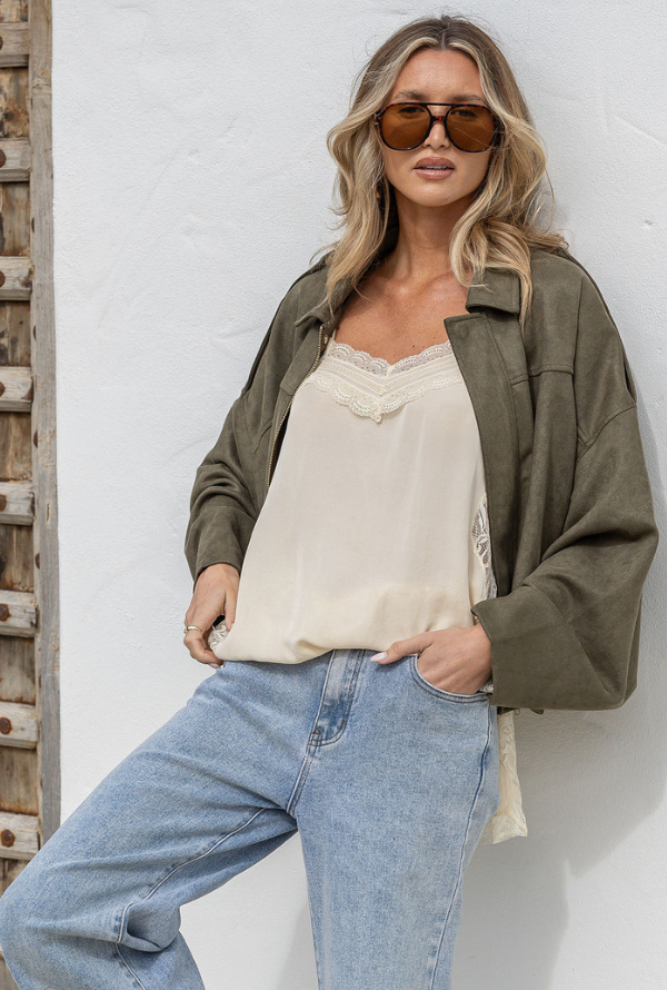 Molly Faux Suede Jacket - Khaki