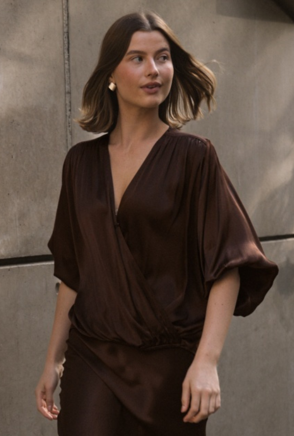 Lara Cross Over Blouse - Chocolate