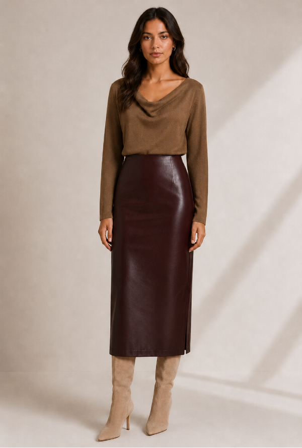 Valentina Faux Leather Skirt - Chocolate Burgundy