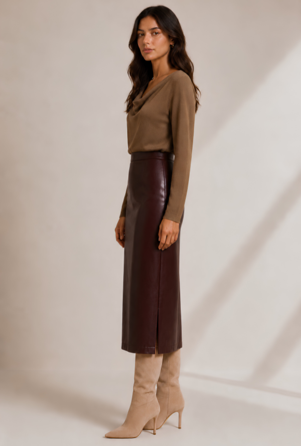 Valentina Faux Leather Skirt - Choc Burgundy